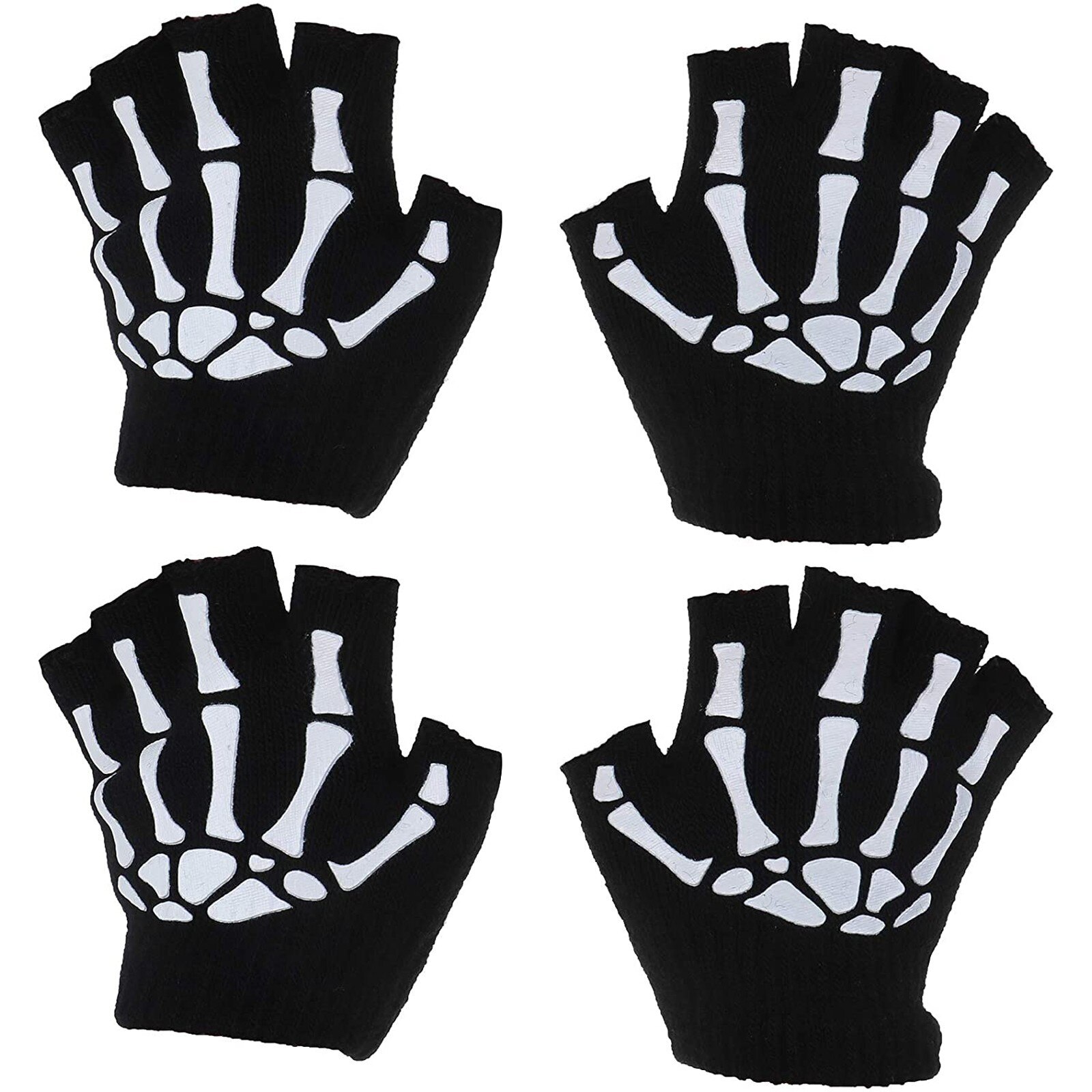 Print Gloves Pairs Kids Skeleton Warm Glow in The Dark Fingerless Knitted Gloves Mitten Half finger child gloves guantes: Black  B