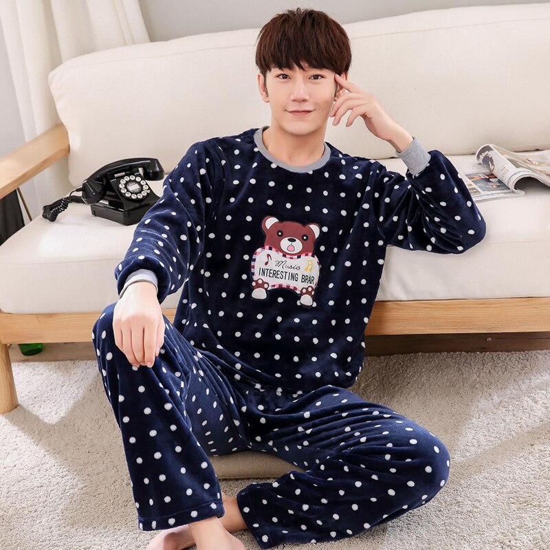 Flanellen winter dames warme print cartoon kat pyjama met lange mouwen lange broek plus dikke o-hals thuiskleding pak pyjama sets: Heren / Xxl