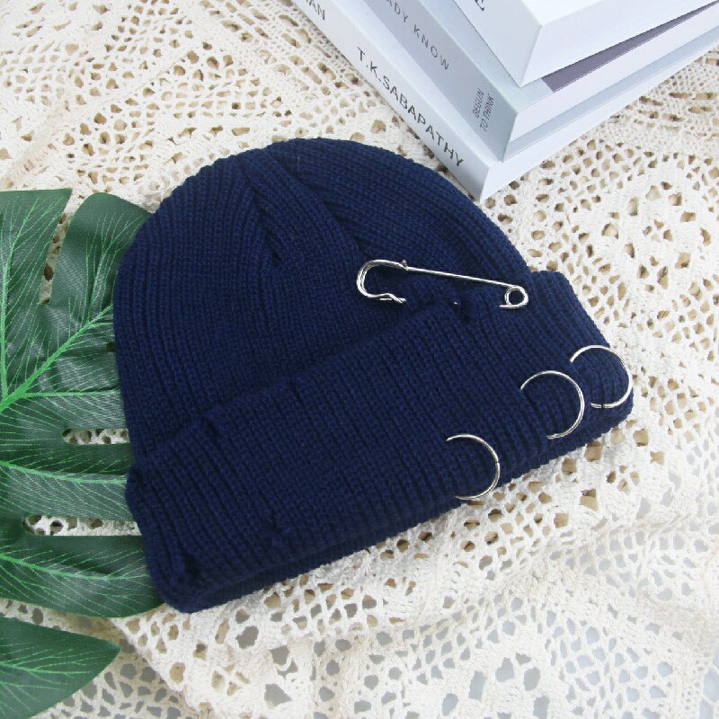 Hoeden Voor Vrouwen Mutsen Effen Broche Gat Skullies Vrouwen Hoeden Casual Party Unisex Straat Hiphop Winter Hoeden Sombrero de Mujer: navy
