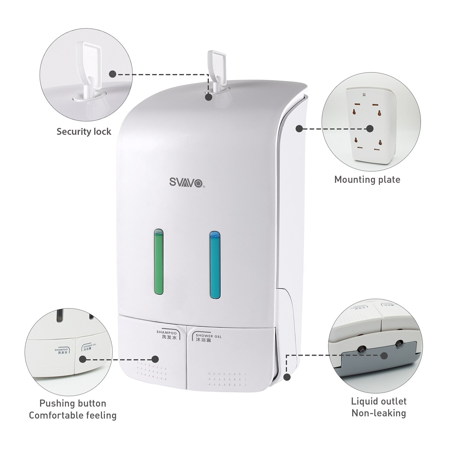 SVAVO Double Liquid Soap Dispenser Wall Mounted Shampoo Dispenser Double Soap Bottle Containers for Bathroom Hotel