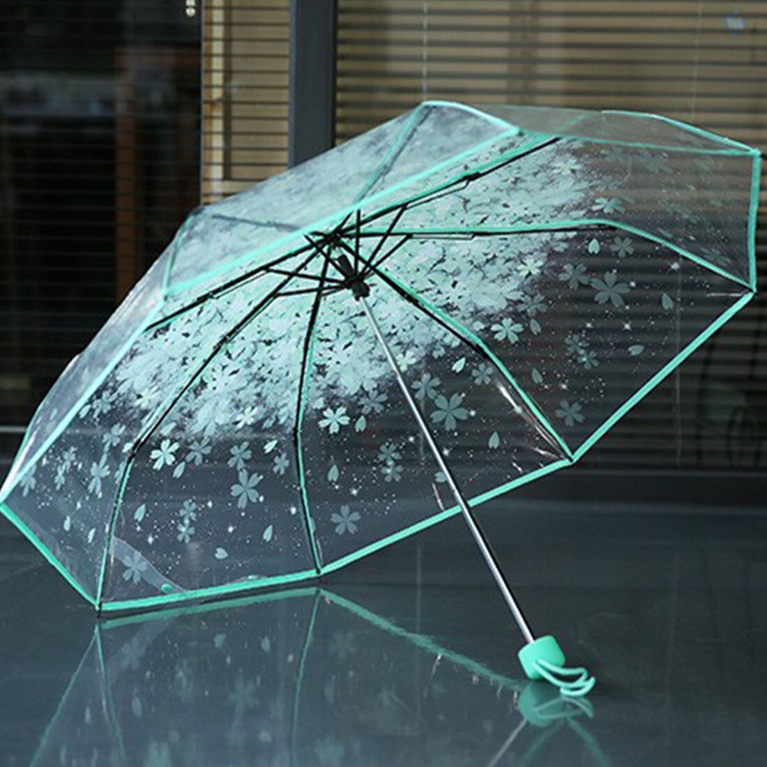 Three Fold Transparent Cherry Umbrella Rain Women Kids Sun Rain Paraguas Compact Folding Windproof Style Clear Umbrella: Green