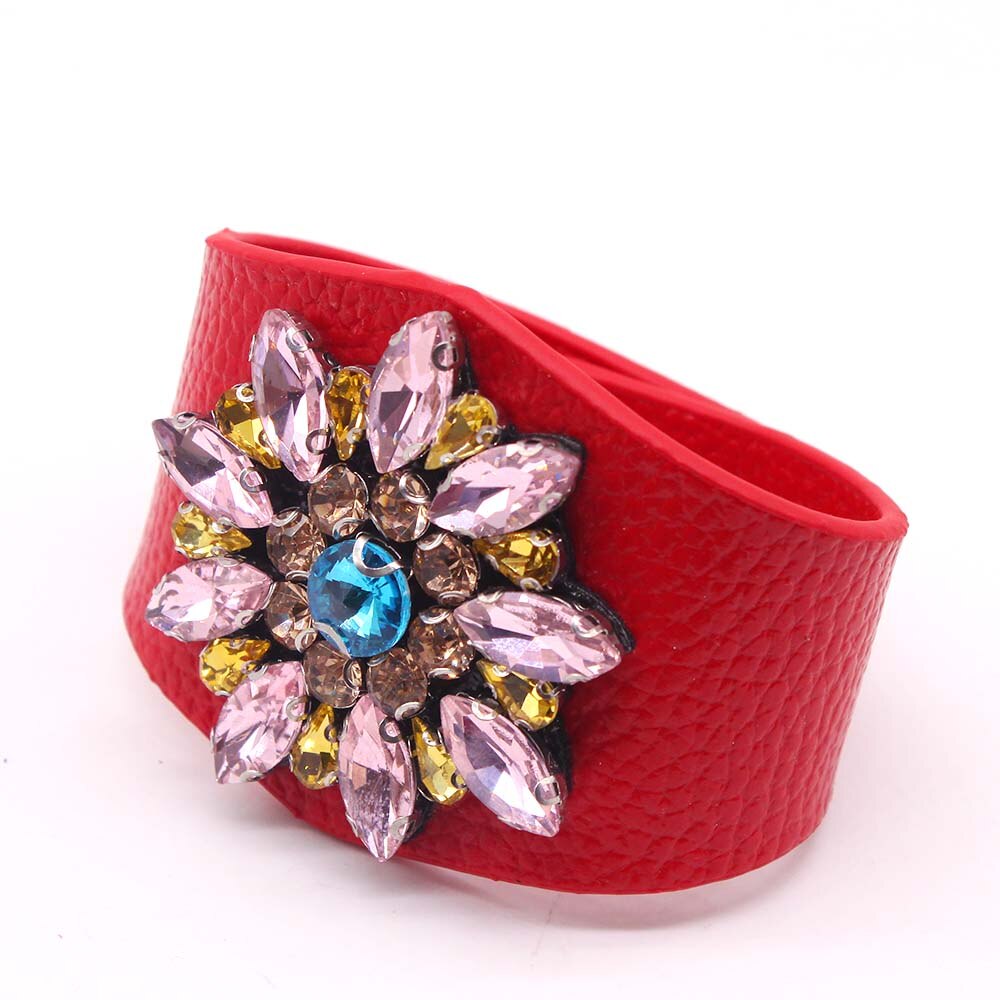 D&amp;D European Punk Wide Crystal flowers Leather Bracelets &amp; Bangles for Women Cuff Bracelet Statement Jewelry: 2