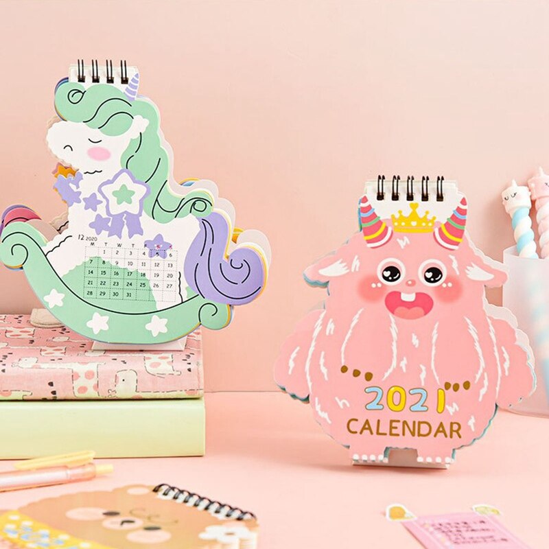 2021 tegneserie dyr enhjørning desktop kalender dobbelt tidsplan planlægning årlig kawaii dagsorden tabel kalender kontorartikler