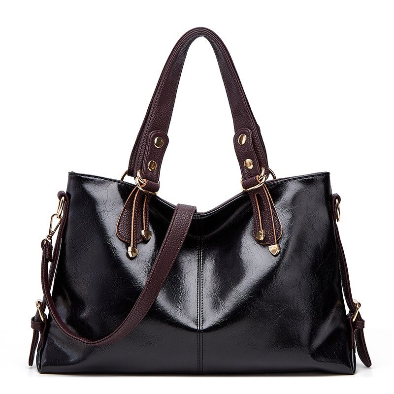 Lady's Temperament And Large Capacity Oil Wax Leather Single Shoulder Cross Arm Atmospheric Portable Tote Bag: black