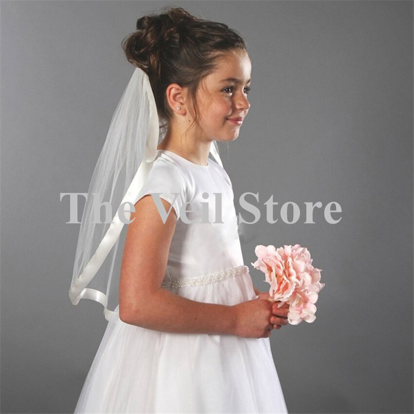 White Ivory Wedding Flower Girls First communion Veils with comb Children Kids Tulle Veil Satin Edge Voiles Fille velos de Novia