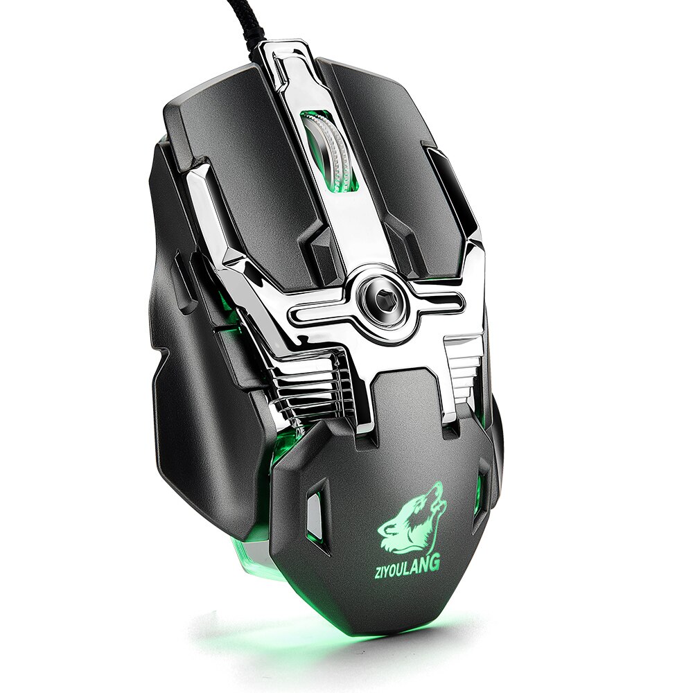 V15 8 knops mechanische gamingmuis met usb-kabel, 6400 dpi rgb-achtergrondverlichting, macro-gamermuis met drukpistool voor laptop: Zwart