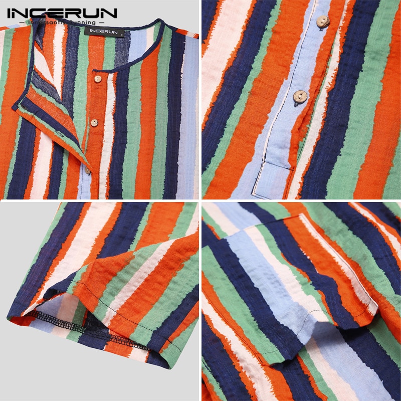 Mannen Saudi Stijl Gestreepte Jubba Thobe Mannen Zakken Abaya Moslim Kaftan Robe Lange Mouwen V-hals Islamitische Arabische Kleding 5XL incerun