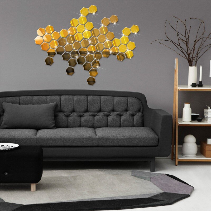 Pegatinas de espejo acrílico para pared lámina de espejo decorativa Hexagonal extraíble, autoadhesiva, para decoración del hogar, sala de estar, dormitorio, 12 Uds.