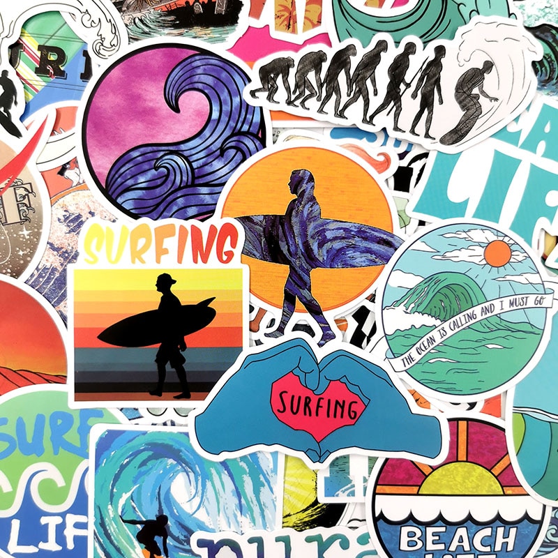 50pcsset Ins Fun Beach Surfing Stickers For Laptop Luggage Skateboard