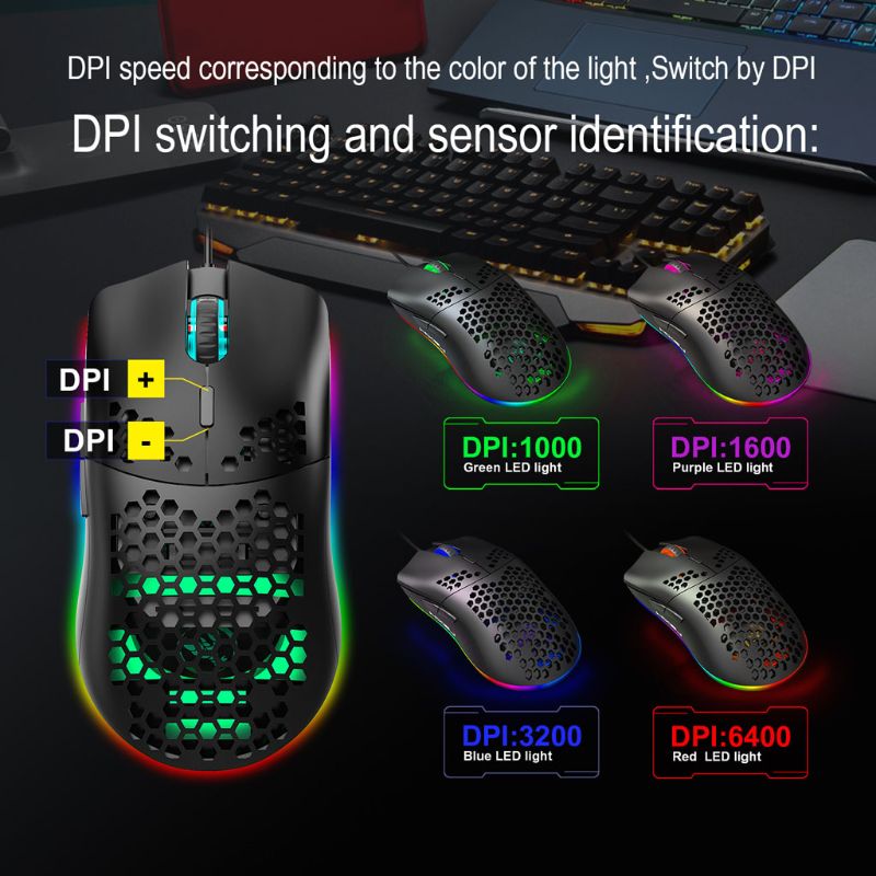 6400DPI Adjustable 6 Buttons Gamer USB Wired Honeycomb Hollow Mouse Hollow-out RGB Gaming Mice for Desktop PC Laptop