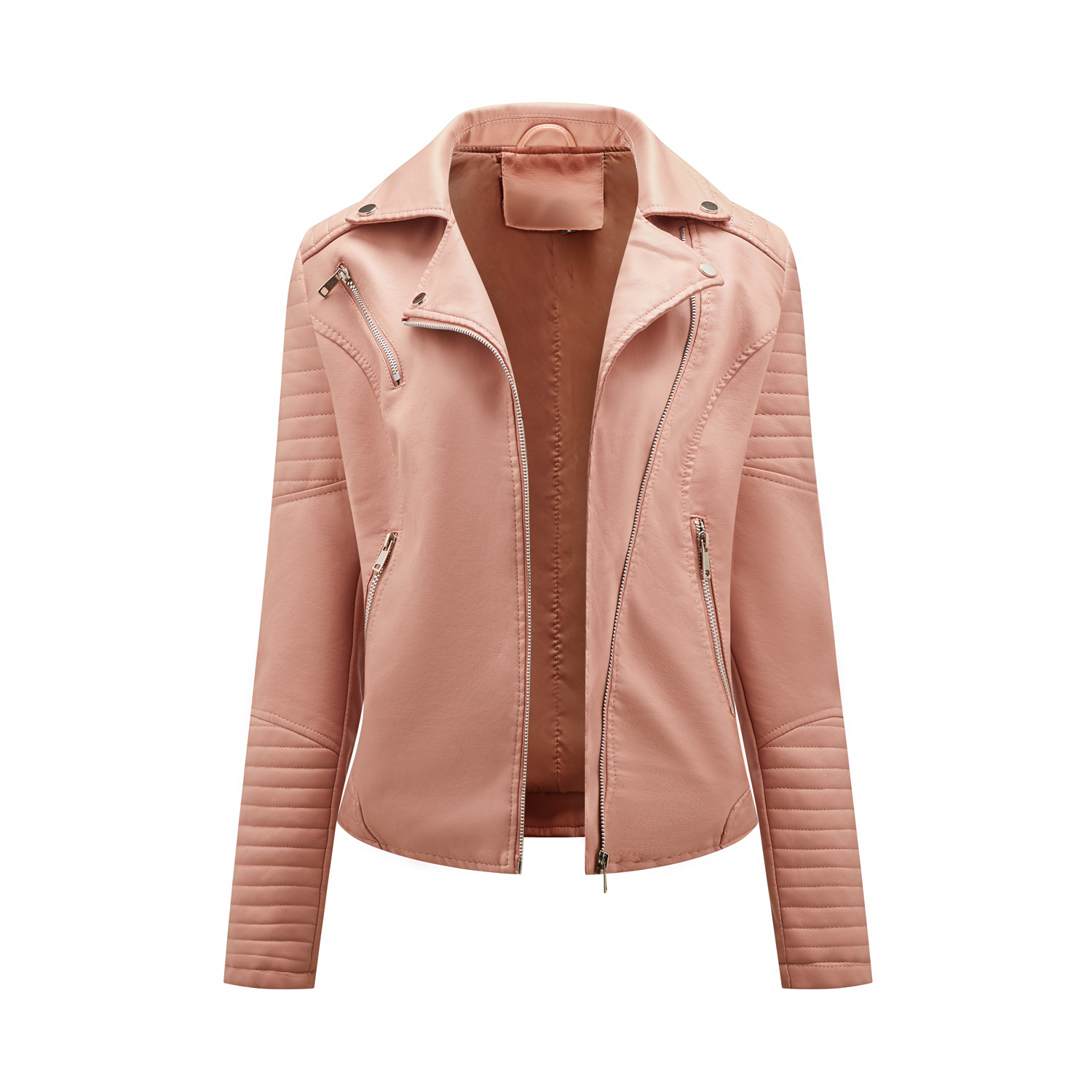 Spring and Autumn short women's leather jacket, Slim lapel biker suit, oblique zipper jacket women's coat: L / Pink