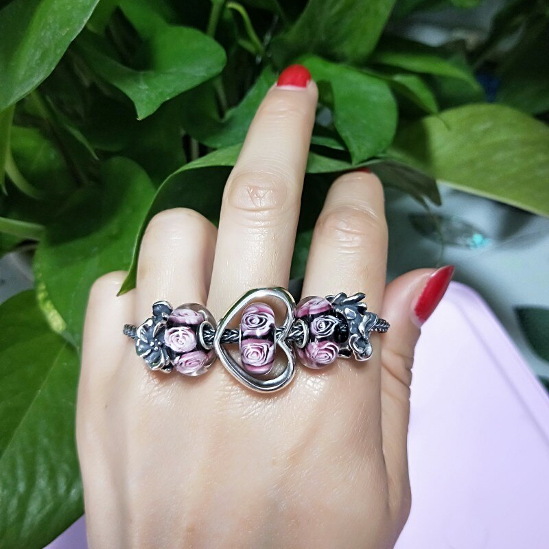 925 Sterling Zilver Groot Gat Kleurrijke 3D Handgemaakte Rose Glas Charm Kralen Fit Europese Armband Sieraden