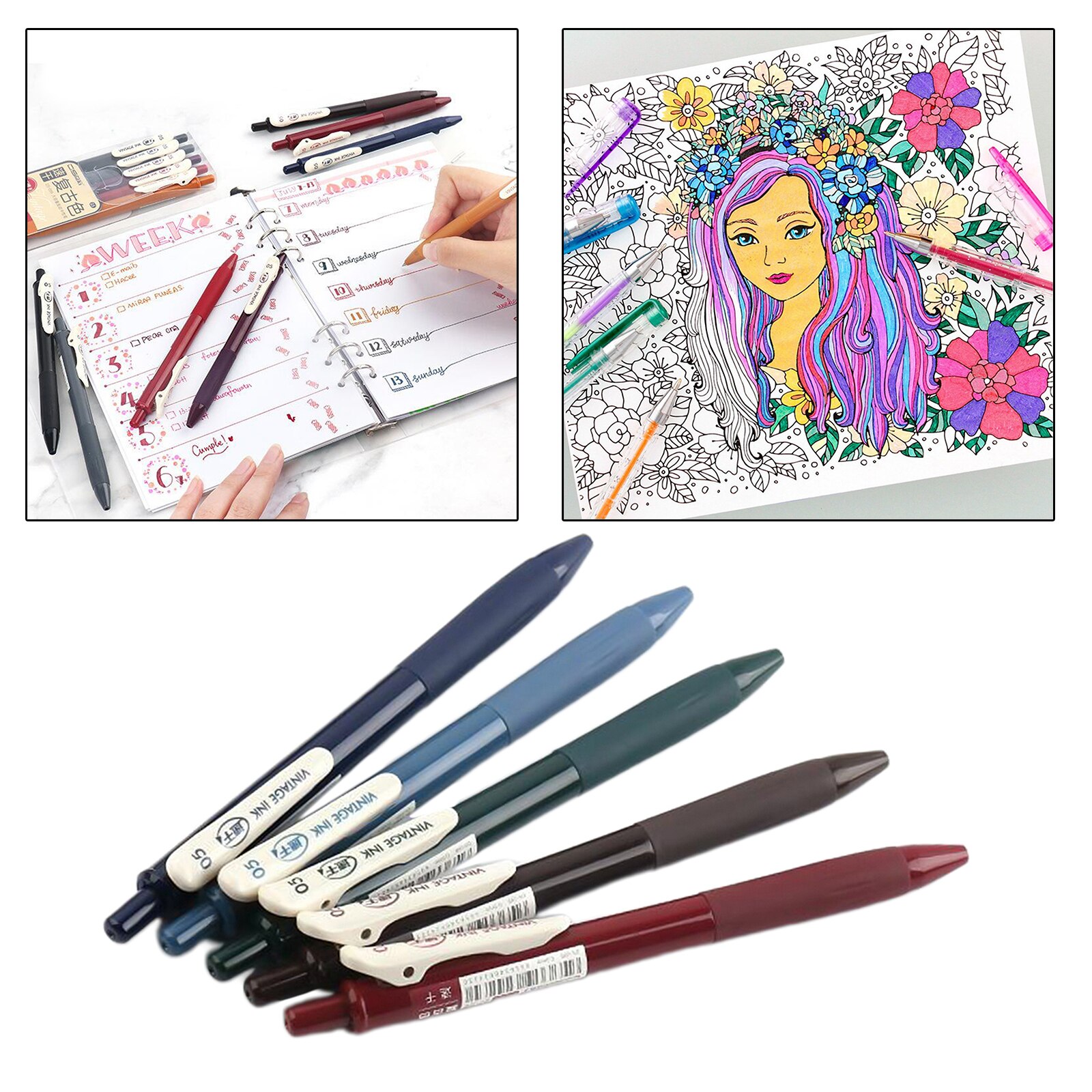 5Pc Retractable Gel Ink Pen for Journaling Writing Note Taking Calendar Coloring: Old Vintage Ink