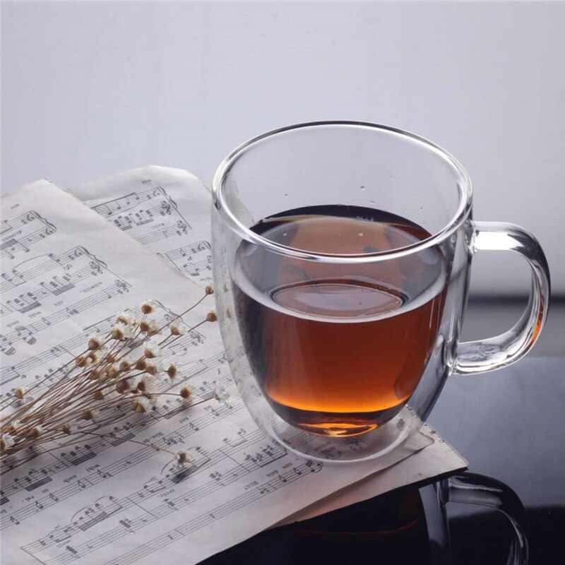 350ml dubbla lager kaffemugg med handtag med lock värmeisolering drickskopp tekopp genomskinlig drinkware träöverdrag