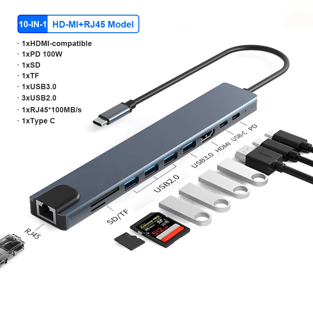 10-in-1 USB C Docking Station USB C HUB Type C to 4K HDMI Adapter USB C Splitter PD/RJ45/USB 3.0 5Gbps/SD/TF For Laptop Macbook: WHITE