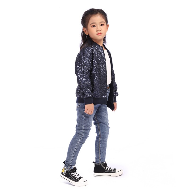 Herfst winter warme meisjes jas kleding bovenkleding lente kinderen kinderjassen meisjes pailletten blauwe korte jas casual kleding