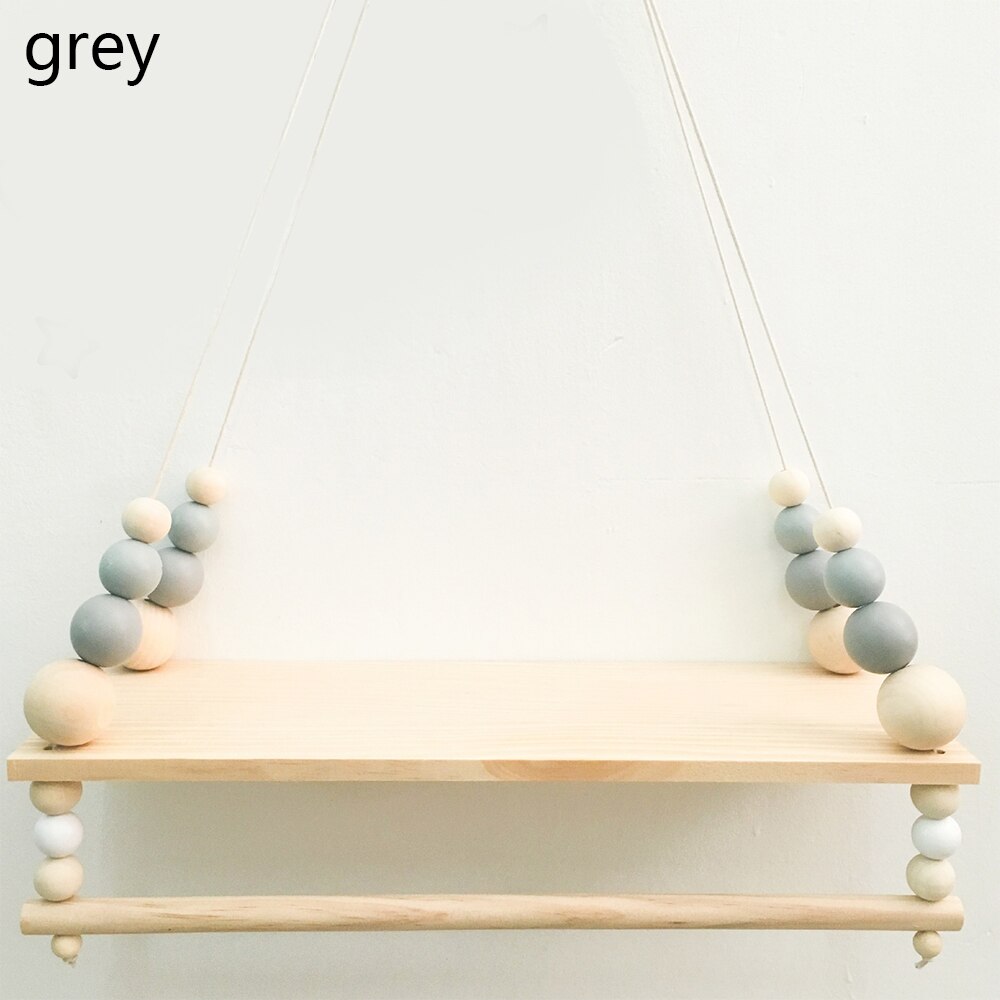 Estante de pared de madera con borlas y cuentas de colores nórdicos para niños, decoración de guardería, almacenamiento artesanal, decoración de hogar para colgar en la pared: A-Grey