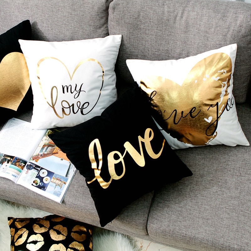 Cojín negro dorado con de corazón de amor y labios, cojines almohadones decorativos de papel de aluminio dorado para decoración del hogar, cojín para sofá