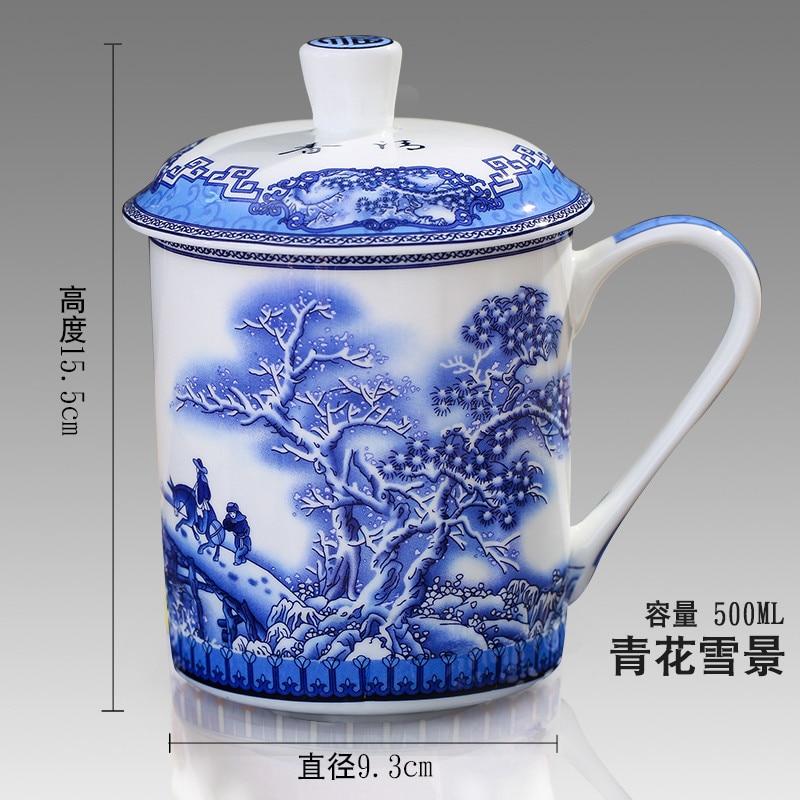 500Ml Chinese Stijl Bone China Jingdezhen Blauw En Wit Porselein Kopje Thee Kantoor Drink Cup Reizen Theewaar