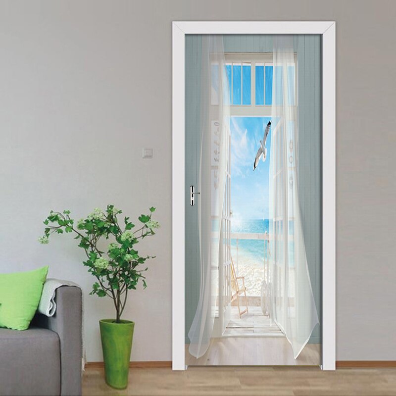 Removable Door Stickers European 3D Scenery By The Sea Waterproof Living Room Bedroom Door 3D Wallpaper Self Adhesive Wall Decal
