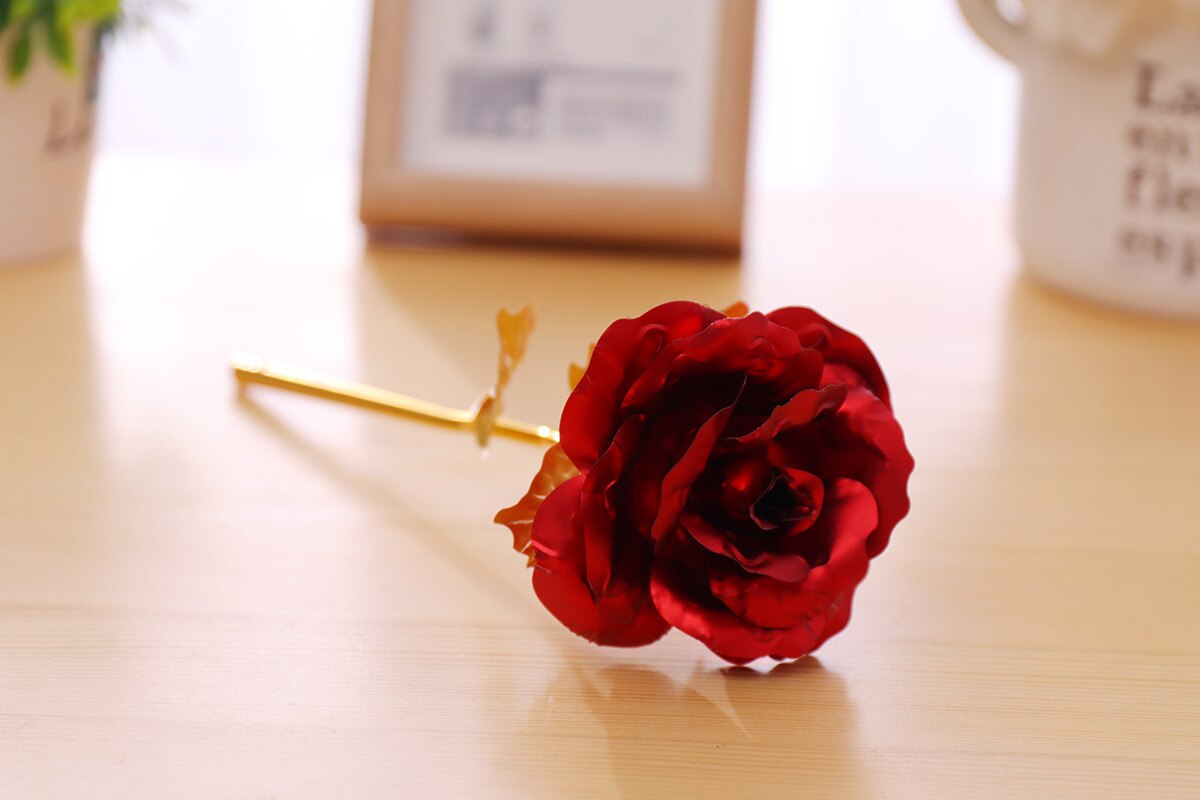 Love Base 24K Foil Plated Gold Rose Artificial Flowers Valentines Day Birthday for Girlfriend Wedding Decoration Bride: Va002-Red