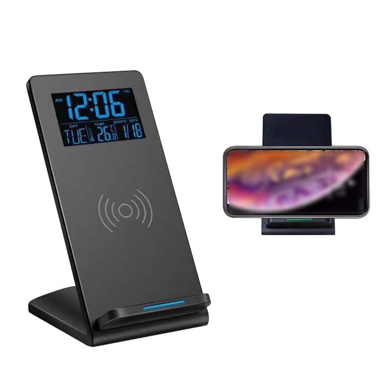 Trådløs oplader holder 10w hurtig telefon oplader stativ desktop oplader telefon holder med digitalt vækkeur til kontor soveværelse