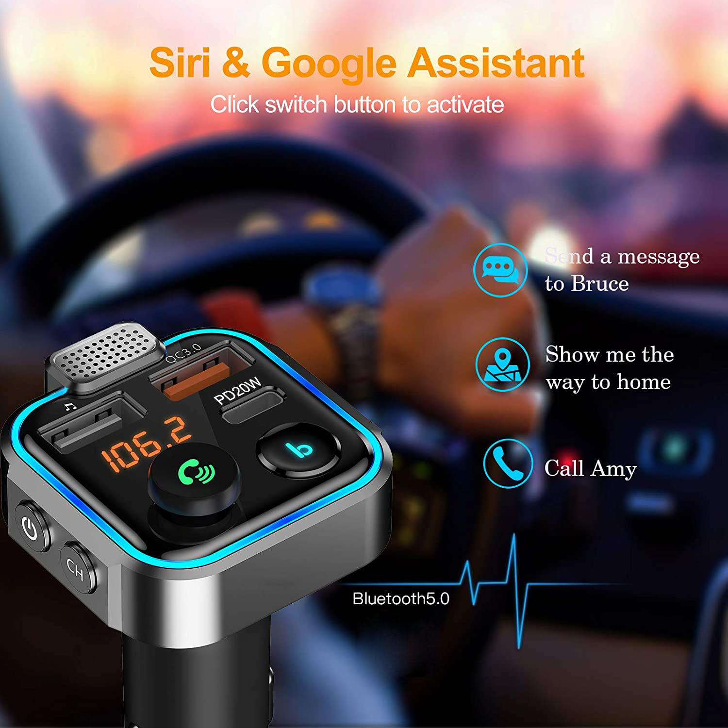 FM Transmitter Wireless Bluetooth Handsfree Car Kit with Type-C Fast Car charge Dual USB Mp3 Player Support TF Card Stereo Music