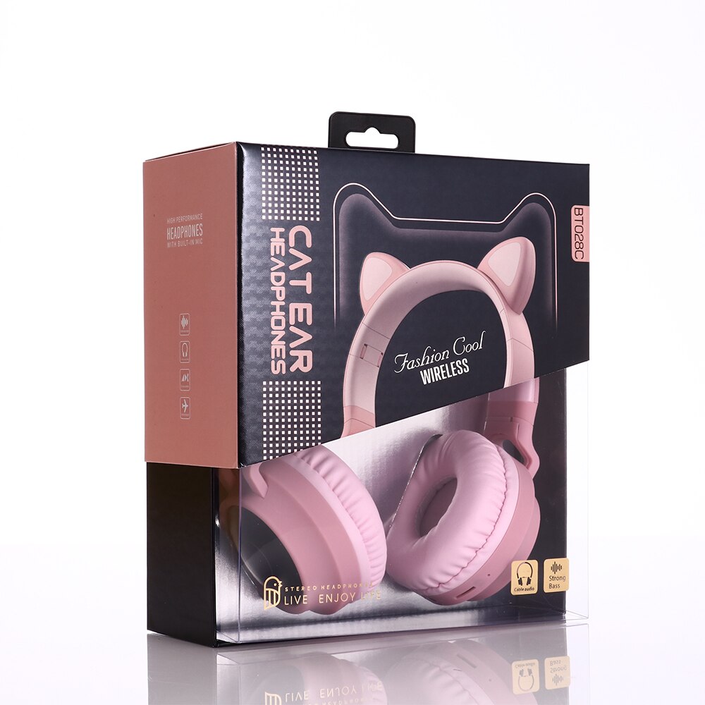 Auriculares inalámbricos con luz LED para teléfono móvil, audífonos con Bluetooth 5,0, auriculares de música estéreo para chica e hija, PC, Oreja de Gato: Pink (with box)