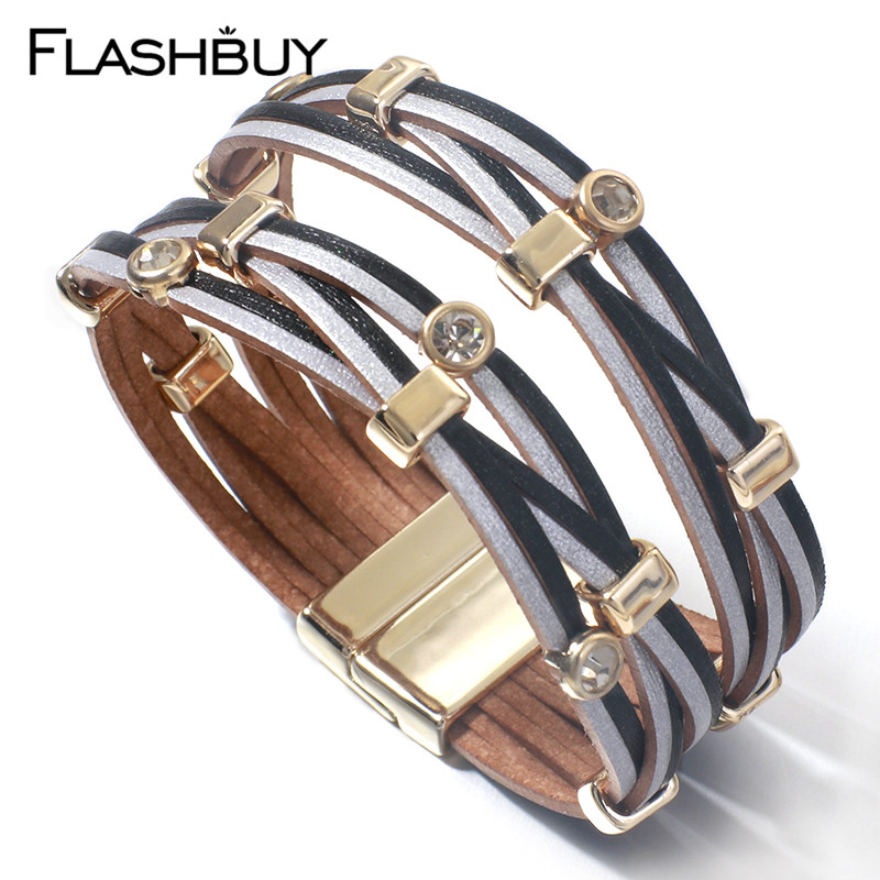 Flashbuy tresse cristal multicouche en cuir bracelets d'enveloppement à la chaîne croix bracelets pour femmes multicouche femme bijoux