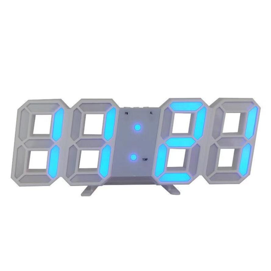 3d digitalt ur førte stor skærm temperatur elektronisk ur væghængende boligindretning bord desktop ur lysstyrke justerbar: Hvid skalblå