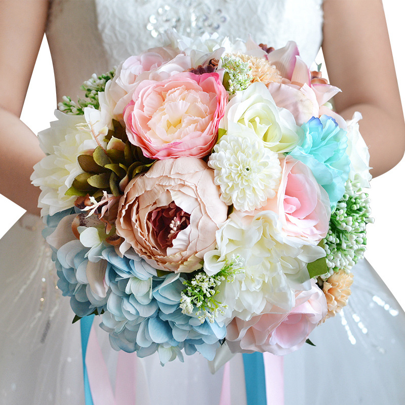 AYiCuthia Wedding Bouquet Blue Bridal Bouquet Artificial Rose Bridal Holding Flower for Wedding Decoration S89