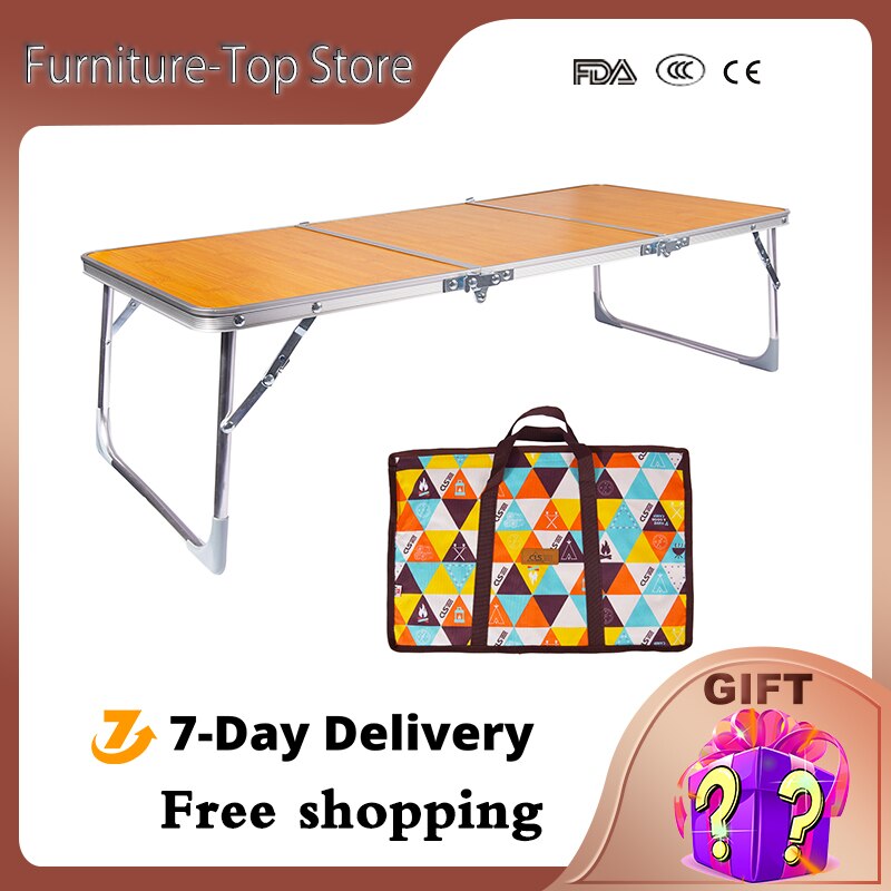 Folding Camping Table,Portable Picnic Table with Aluminum Legs,3 Fold Lightweight Sturdy Bed Table with Carry