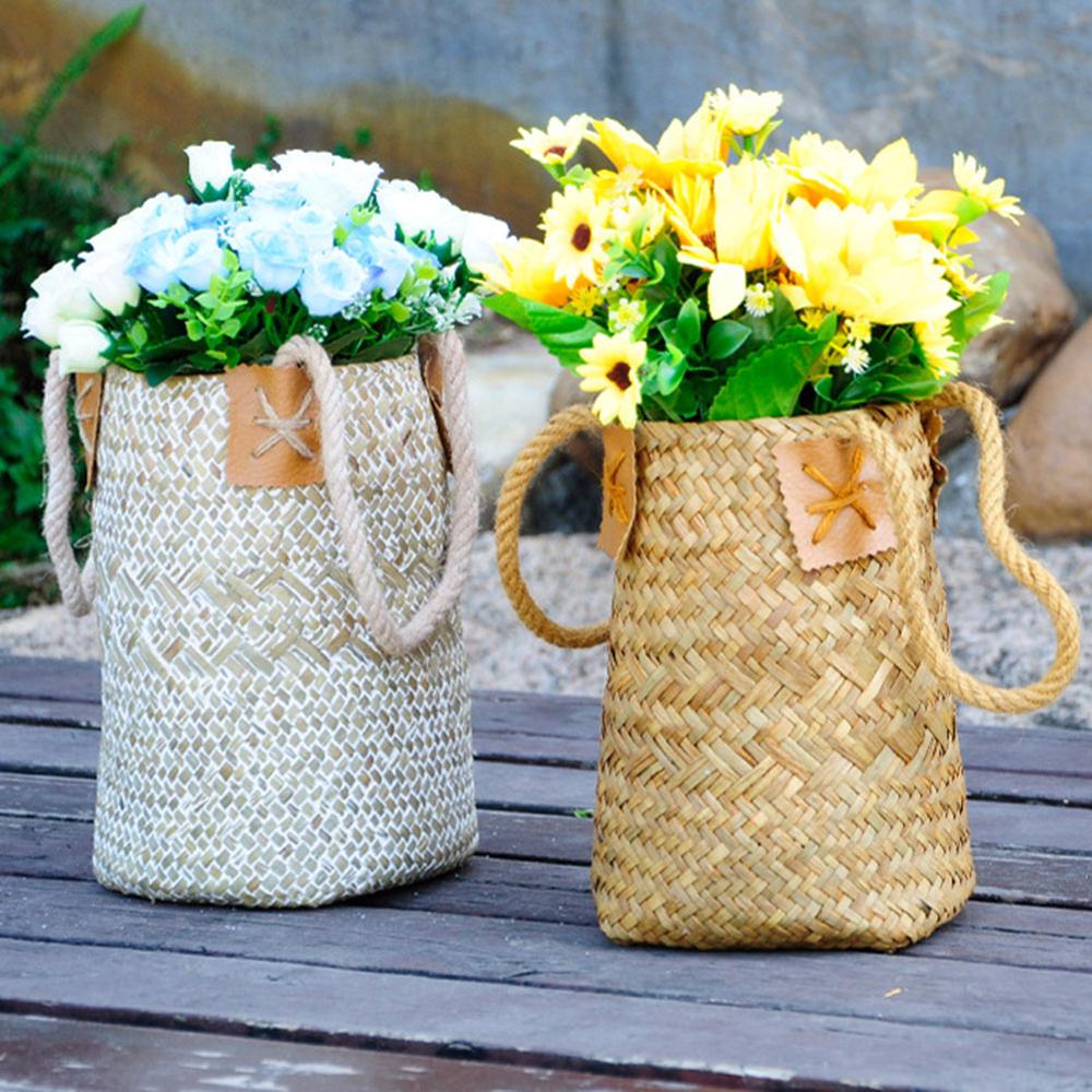 Seagrass Woven Storage Baskets Garden Flower Vase Hanging Basket Rattan Planter Potted Organizer Home Laundry Basket with Handle