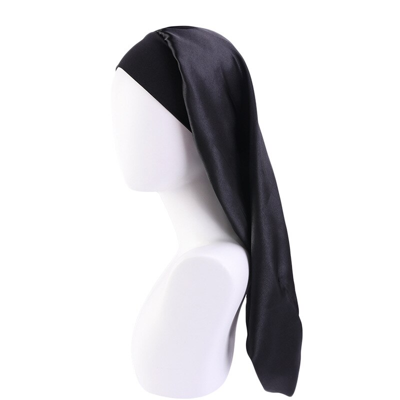 Gorro de satén para dormir para hombre y mujer, gorro de satén elástico con borde ancho, gorro de pelo largo para dormir, gorro de noche para el cuidado del cabello, Unisex: Negro