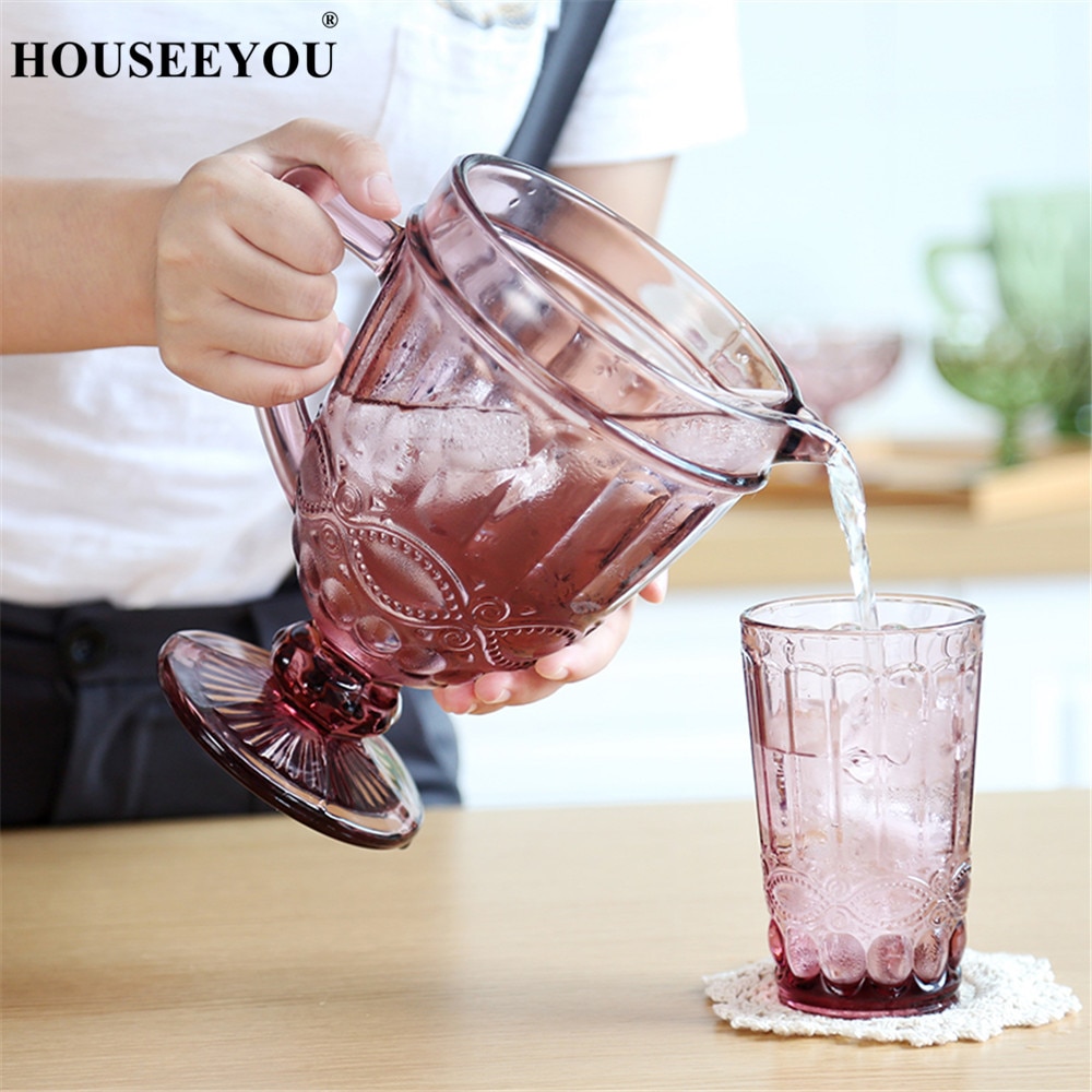 Houseeyou 1pc koldtvandskande  + 2 stk udskåret glaskop europæisk retro krystalvand vinkop drikkebar restaurantværktøj