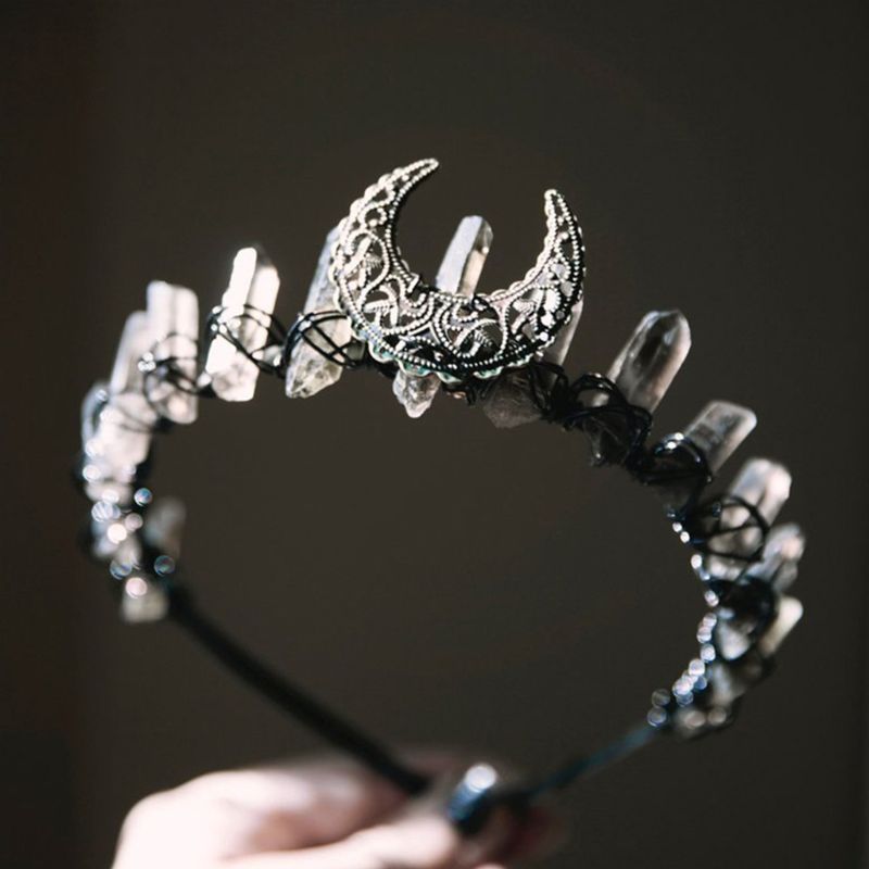 Womens Ethnic Jewelry Crown Headband Faux Raw Crystal Alloy Moon Hair Hoop Tiara