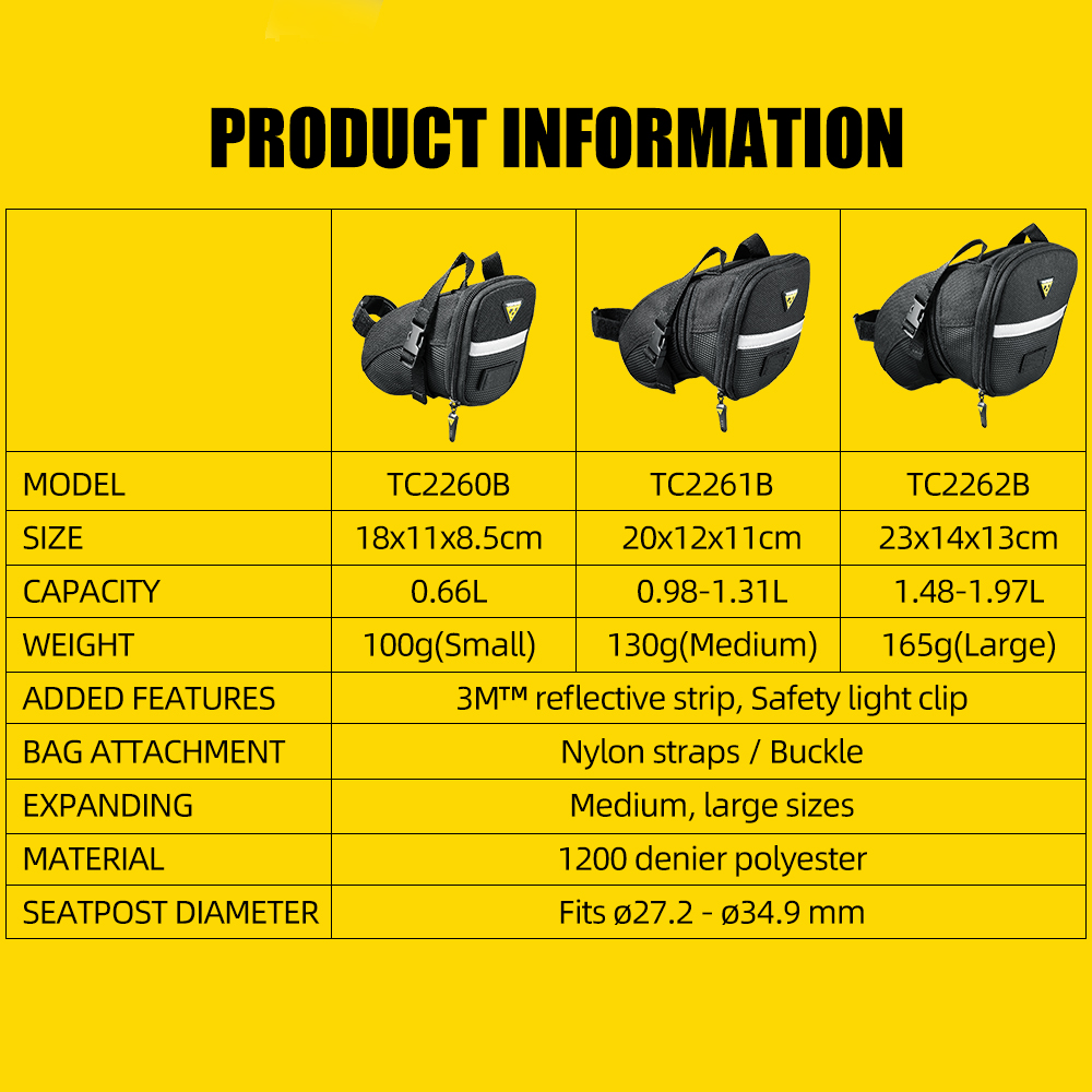 Topeak Aerodynamic Bicycle Seat Bag 3 Size Cycling Saddle Pannier Road Bike Seatpost Pack MTB Bicicleta Quick Release Bike Pouch