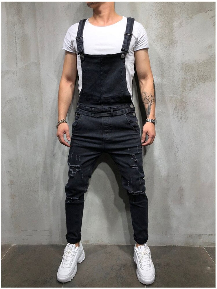 Monos vaqueros rasgados de estilo retro para hombre, Peto vaquero desgastado de Hi Street, pantalones con tirantes, talla S-3XL: Black / XXXL