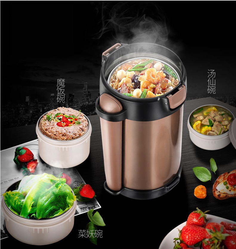 Double-Wall Vacuum Lunch Box 24 Hours Insulation Food Container Adult Kids Thermos Bucket Free Heat Preservation Bag and Spoon