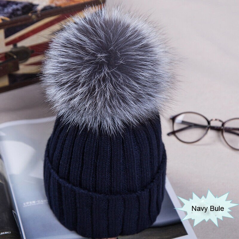 Damer kvinder afslappet varm vinter beanie stor imiteret pels pom pom bobble hat strikket ski cap: Nvay blå