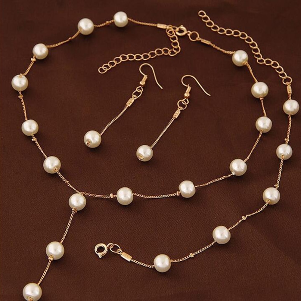 Bryllups smykker imiteret perle enkel halskæde sæt matchende armbånd ørering til kvinder forlovelsesfest tilbehør nyt 2019