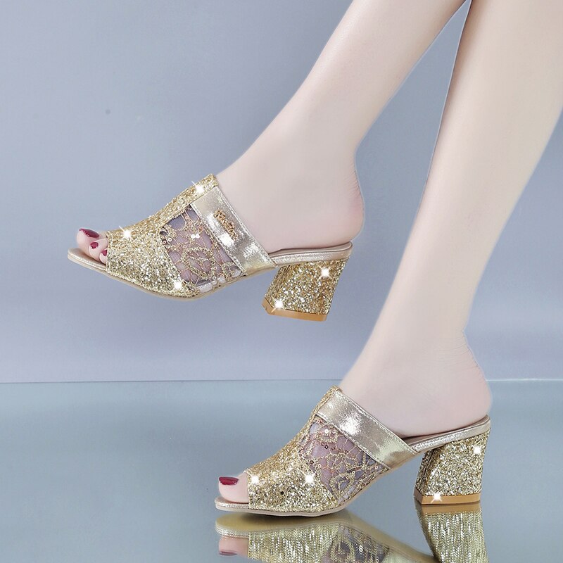 Sandales à talons carrés en métal pour femme, chaussures d'été à bout ouvert et argent doré, Q00016, collection