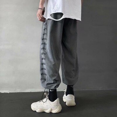 Calças masculinas sólido lado listrado fishbone sweatpants casual solto coreano grandes dimensões harem calças streetwear japonês corredores calças