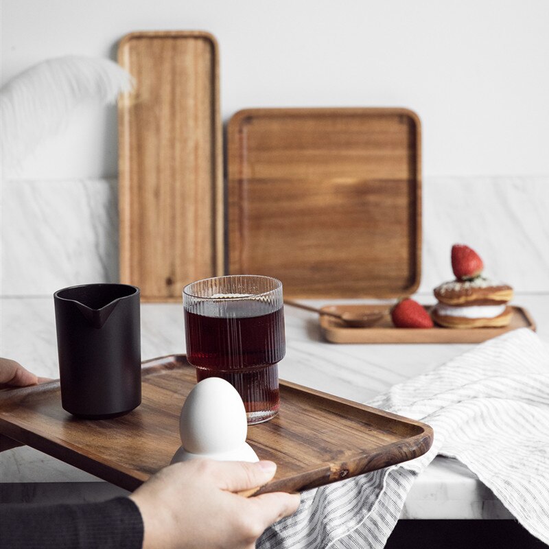 Akacia träbricka massivt trä bricka rektangulär tallrik tefat te tallrik frukträtt grill mellanmål tårta tallrikar servis set