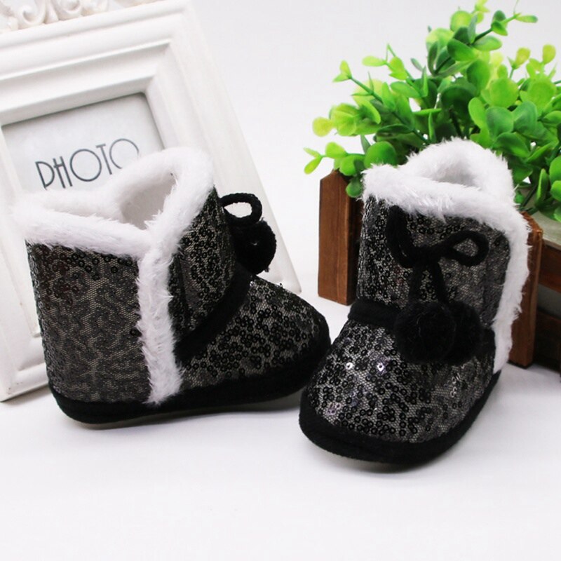 Infant Anti-slip Toddler Shoes Newborn Baby Shoes Winter Baby Boy Girl Sequin Snow Boots Plush Ball Cotton Shoe: Black / 0-6 Months