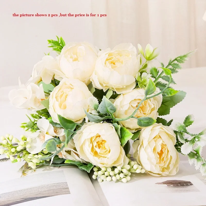 Simulazione di seta fiori argento neve peonia mazzo pianta verde centro commerciale decorazione artificiale peonie arancioni fiore finto: nero