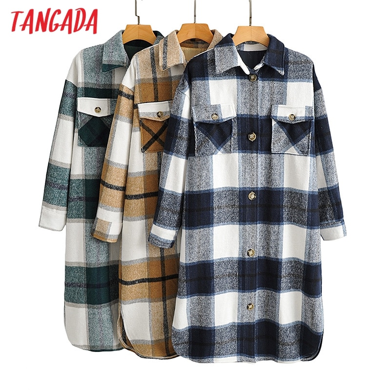 Tangada, Otoño Invierno , chaqueta de abrigo largo a cuadros verde para mujer, abrigo informal cálido, abrigos largos de AI35