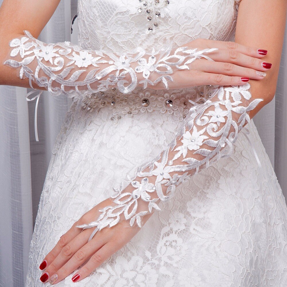 Long Lace Bridal Gloves Lady Formal Banquet Gloves for Bride Evening Party (White)