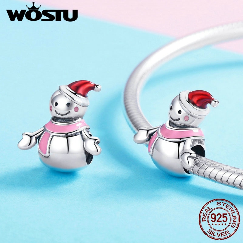 WOSTU 100% 925 Sterling Silver Cute Lover Snowman Beads Charms fit Original Bracelet Necklace Jewelry CQC854