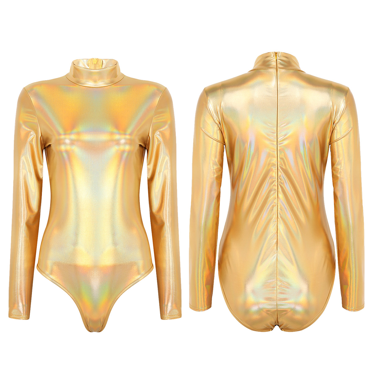 gymnastics leotard metallic gymnastics clothes holographic dance leotard for women long sleeve high neck shinny ballet leotard: Gold / S